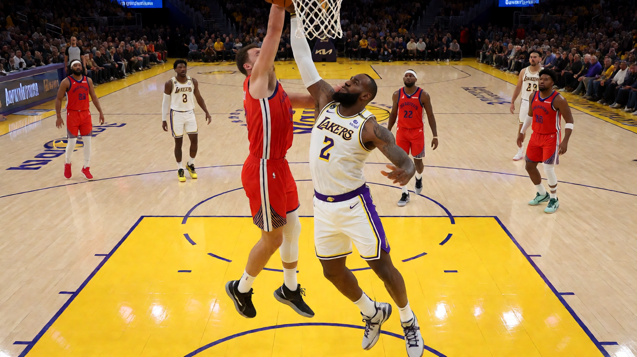 NBA季后赛湖人对阵勇士的激烈对抗场景